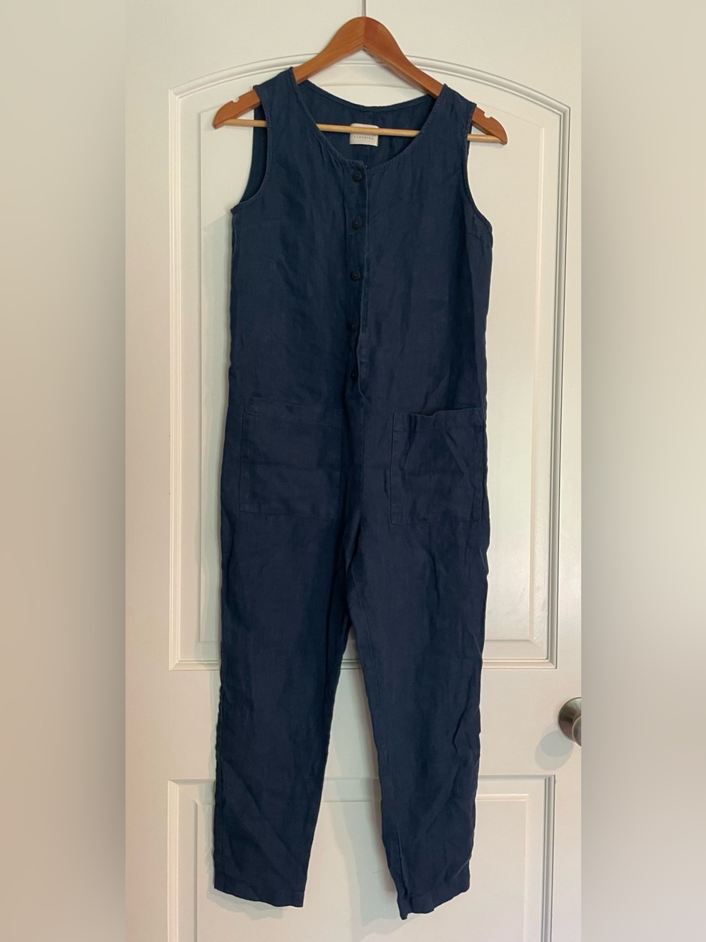 OFFON Linen Lightweight Navy Button-Front Jumpsuit Sleeveless Overalls